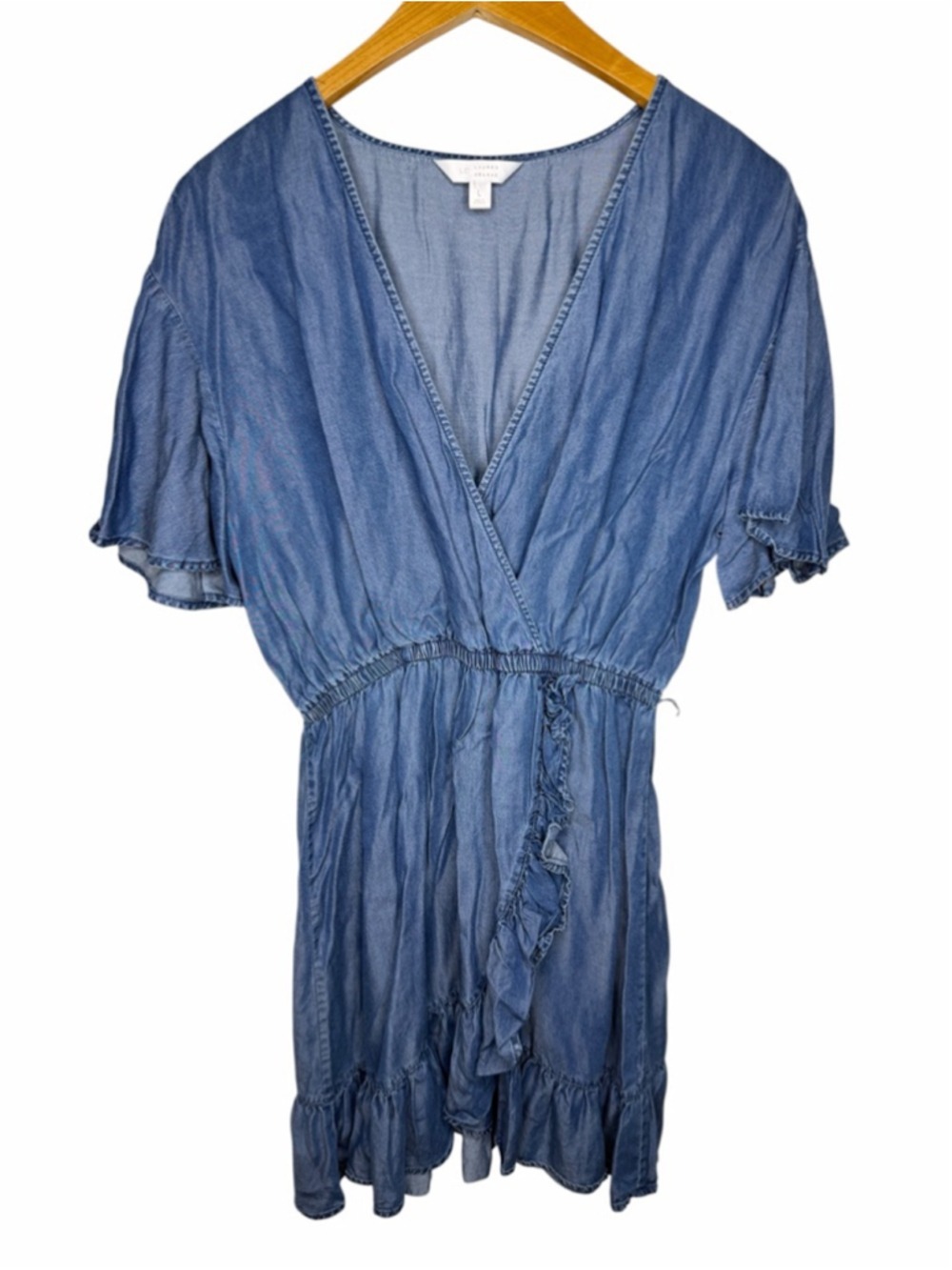 LC Lauren Conrad Chambray Faux Wrap Ruffle Dress Size Large - Picture 2 of 7